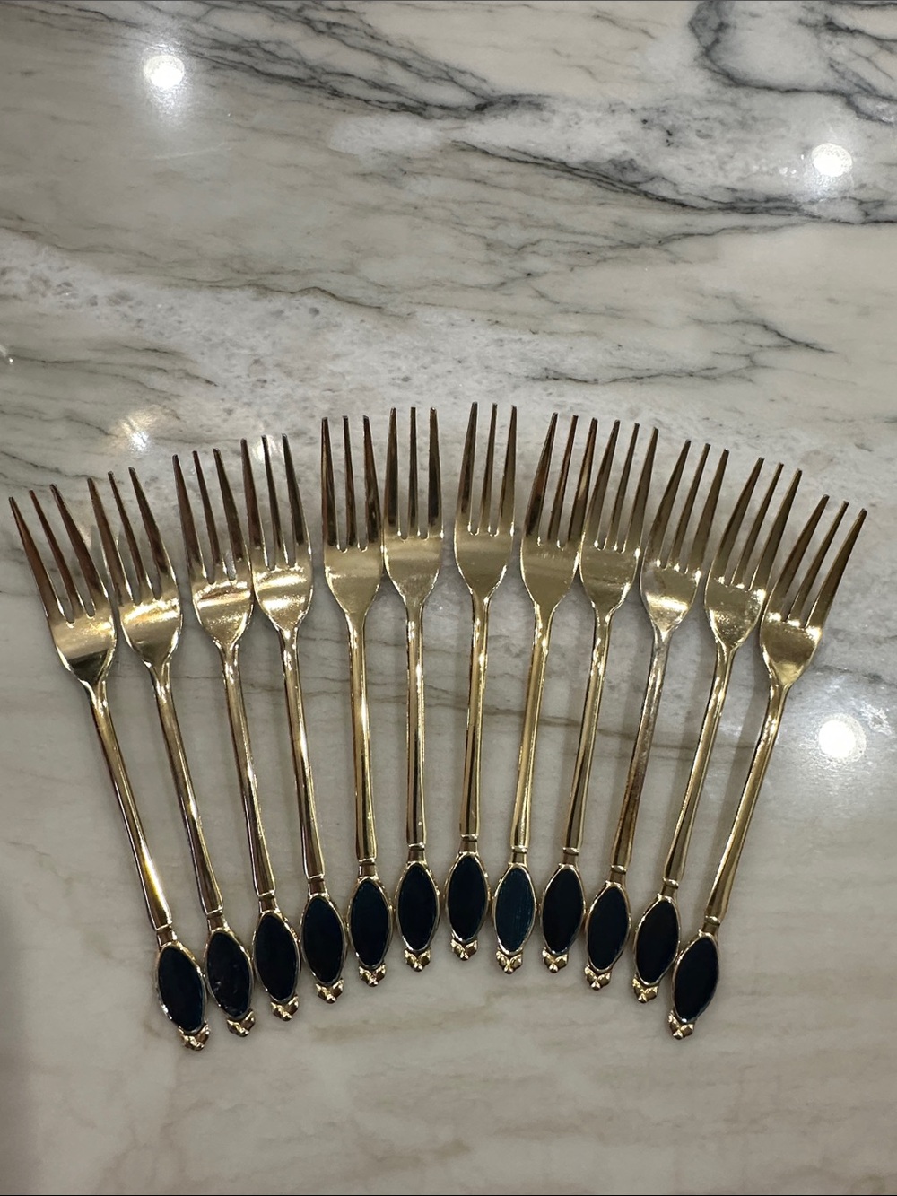 Gold tone stainless steel Japan Dessert Forks turquoise Enamel Handles set of 12
